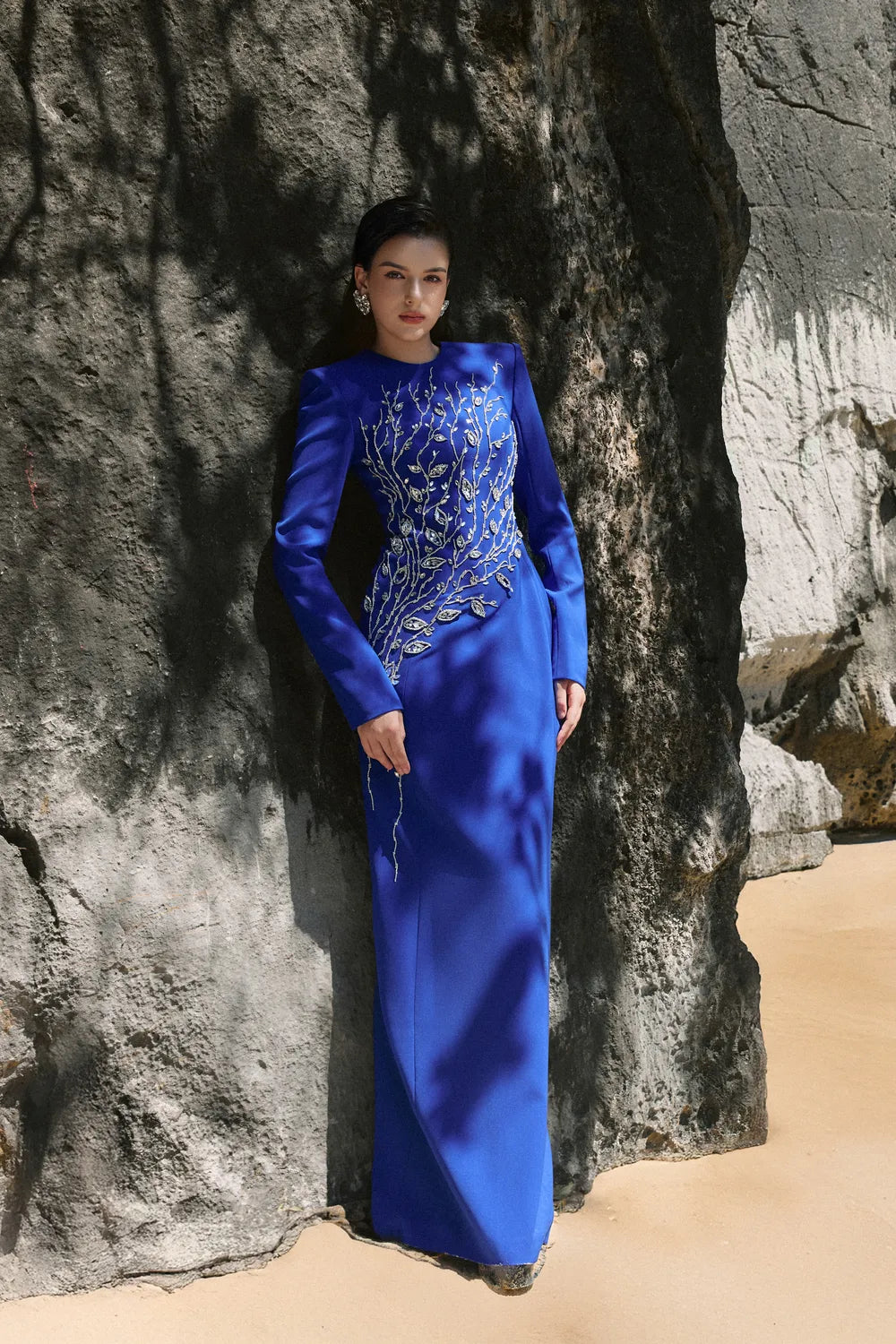 Padded Shoulder Crystal Embellished Straight Dress